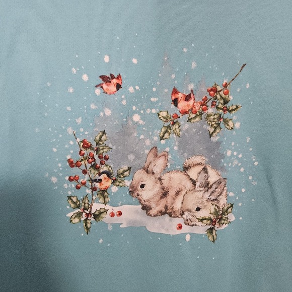 Holiday Bunny Sweatshirt Blue Cozy Fleece Cottagecore Winter Pullover Crewneck - Picture 2 of 6